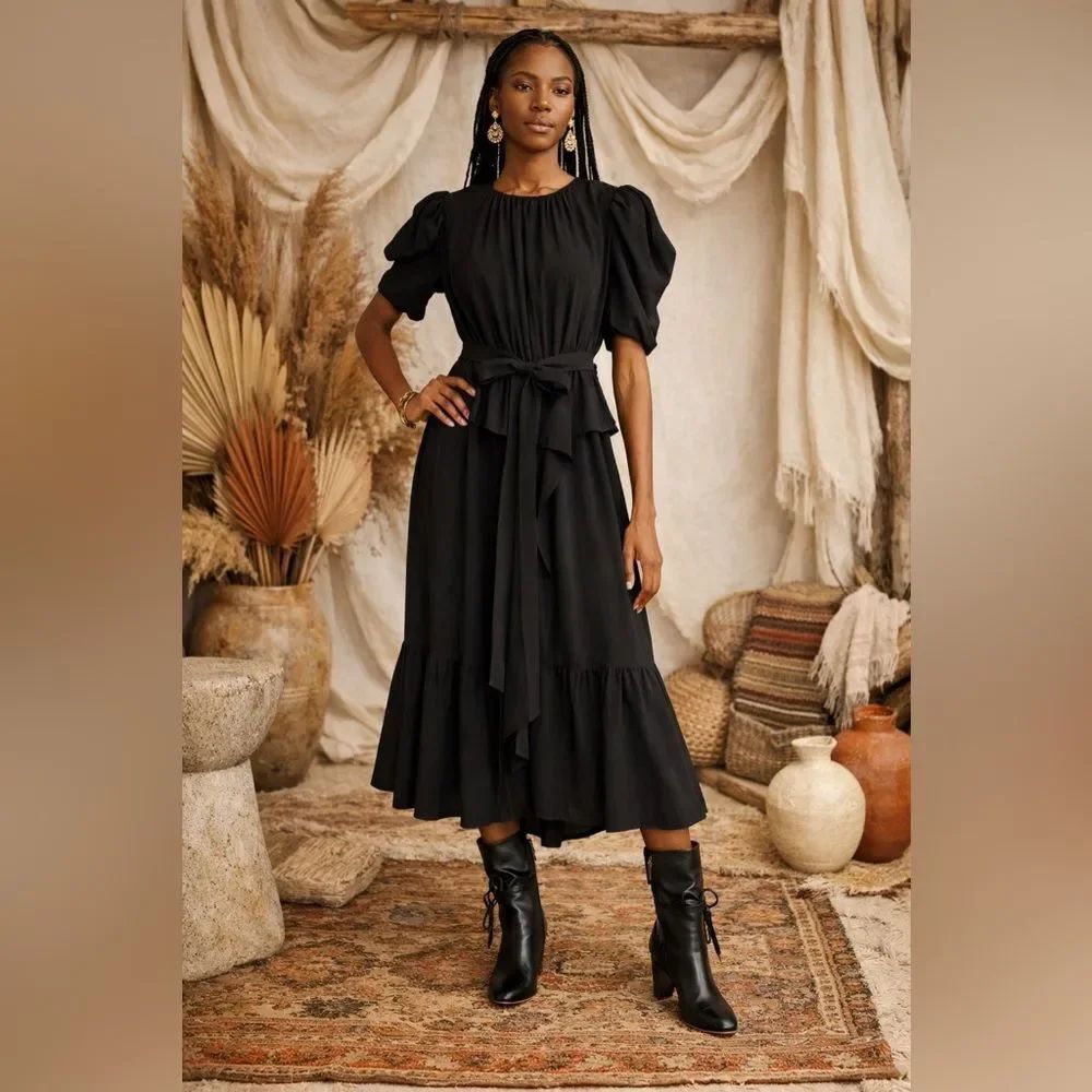 Ulla Johnson Marion Puff-Sleeve Belted Peplum Midi Dress Noir US6